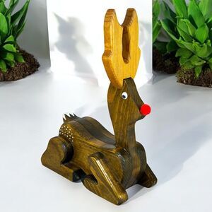 Vintage Wooden Rudolph Red Nose Reindeer Christmas Décor  11" H Laying Handmade